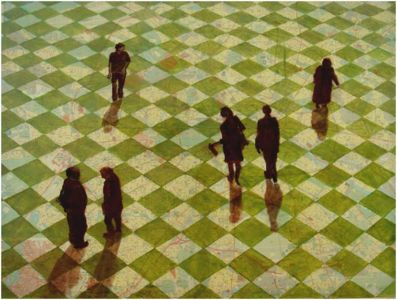 2006, 100x120 cm, Stadtkarte auf Leinwand montiert, Acryl und Öl Metropole 1